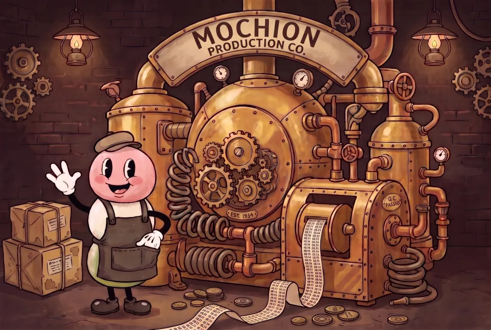 Mochi the worker tending the grand MOCHION Production Co. machine — brass gears, gauges and a spilling ticker-tape in his all-night workshop